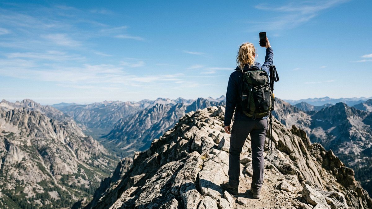 Hiker standing on a rocky mountain ridge holding a phone up to a clear sky with no cell towers in sight
