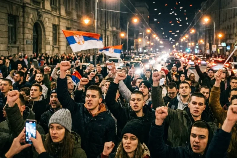 Illustrative image: a crowd of young people with raised fists and Serbian flags celebrating in a Belgrade street at night