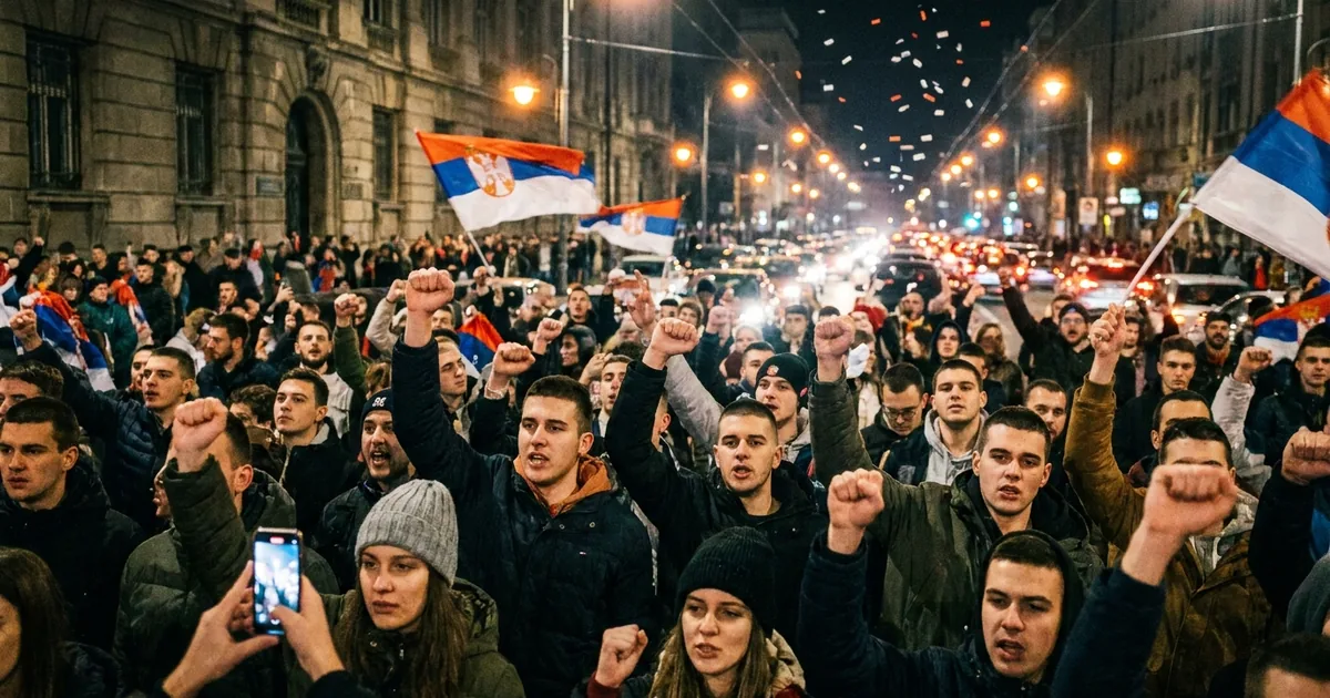 Illustrative image: a crowd of young people with raised fists and Serbian flags celebrating in a Belgrade street at night