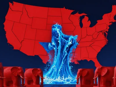 A red map of the United States with a surge of bright blue water breaking through Texas, flanked by red elephant statues