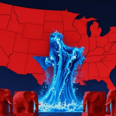 A red map of the United States with a surge of bright blue water breaking through Texas, flanked by red elephant statues