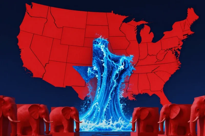 A red map of the United States with a surge of bright blue water breaking through Texas, flanked by red elephant statues