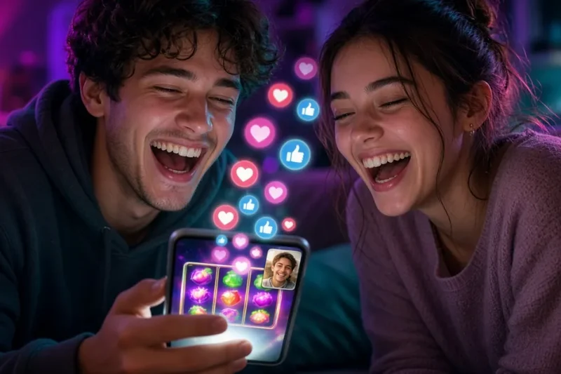 Two friends laughing on a couch over a phone showing slot reels and a video call with a third friend, with heart and thumbs-up reactions floating up