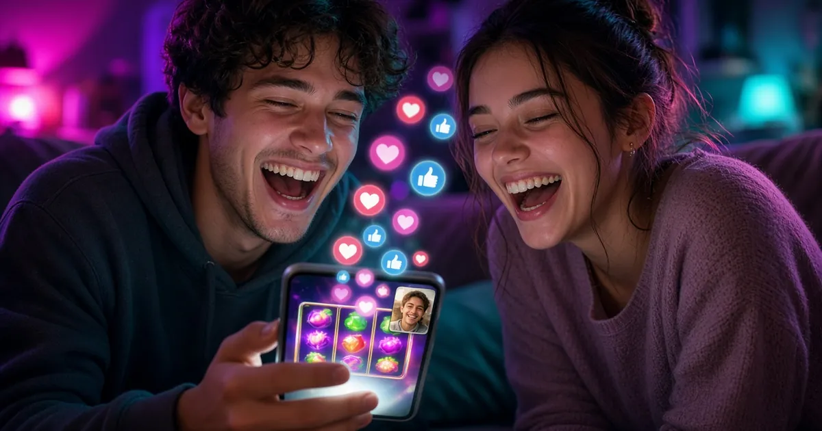 Two friends laughing on a couch over a phone showing slot reels and a video call with a third friend, with heart and thumbs-up reactions floating up