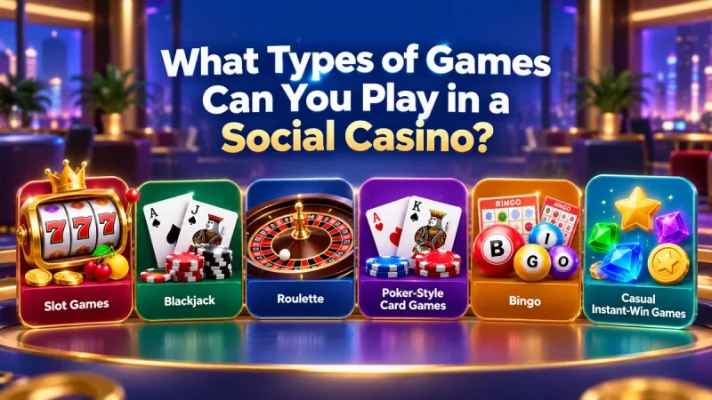 Social casino game types: slots, blackjack, roulette, poker-style card games, bingo and instant-win games