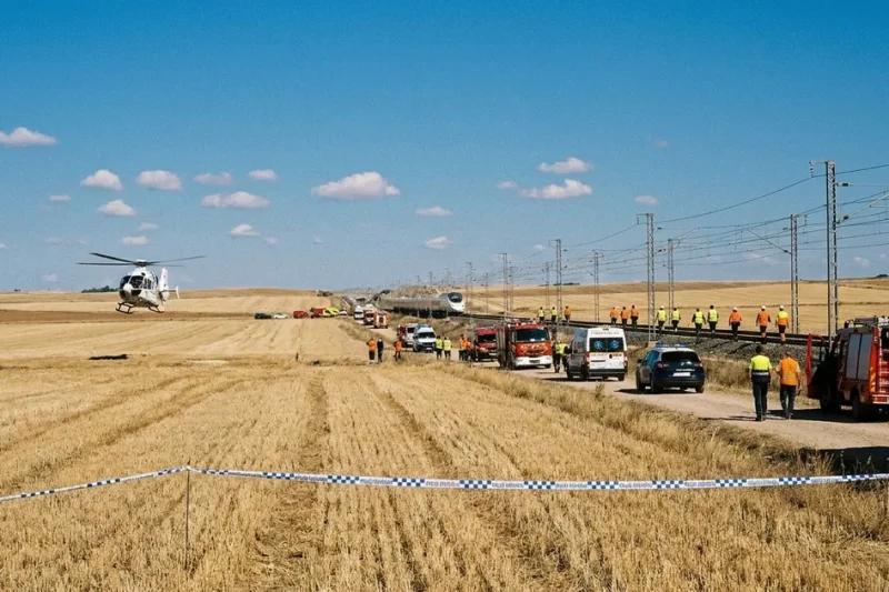 Illustration of emergency vehicles, responders and a medical helicopter beside a high-speed railway line in open farmland