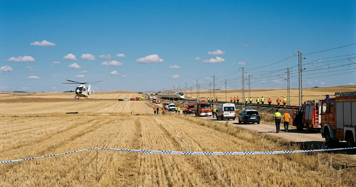 Illustration of emergency vehicles, responders and a medical helicopter beside a high-speed railway line in open farmland
