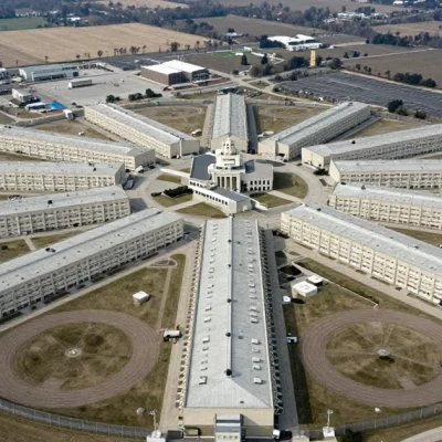Aerial view of a sprawling federal prison complex with radiating cellblock wings, recreation yards and perimeter fencing surrounded by farmland