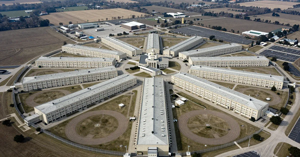 Aerial view of a sprawling federal prison complex with radiating cellblock wings, recreation yards and perimeter fencing surrounded by farmland