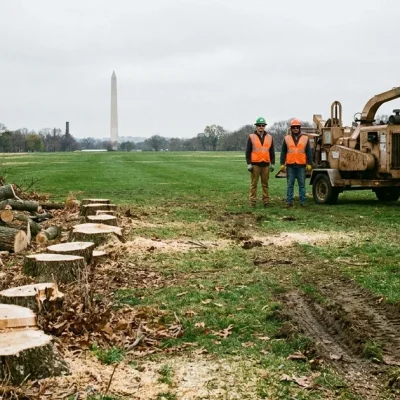 Freshly cut tree stumps and stacked trunks on a flat golf course fairway, with two workers beside a wood chipper and the Washington Monument in the distance