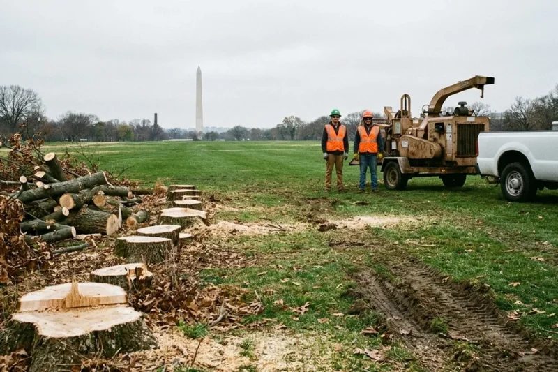 Freshly cut tree stumps and stacked trunks on a flat golf course fairway, with two workers beside a wood chipper and the Washington Monument in the distance
