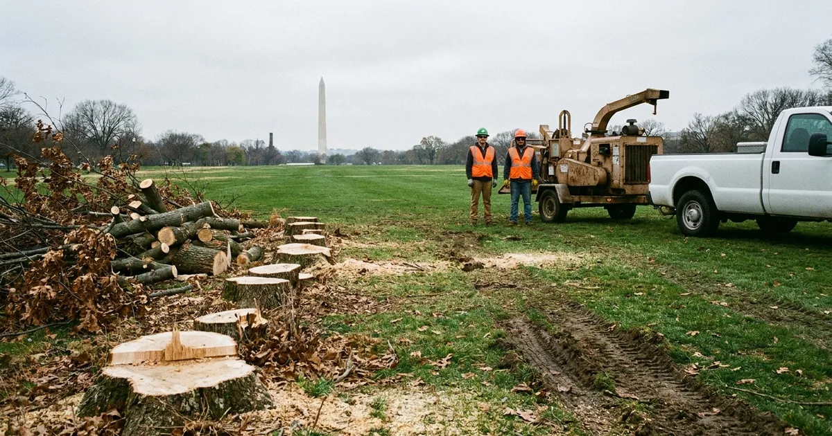 Freshly cut tree stumps and stacked trunks on a flat golf course fairway, with two workers beside a wood chipper and the Washington Monument in the distance