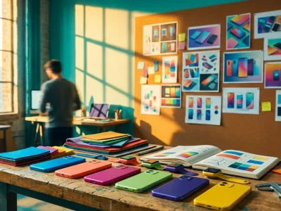 Colorful industrial design studio bench with phone and watch prototypes in blue, orange, magenta, green, violet and yellow