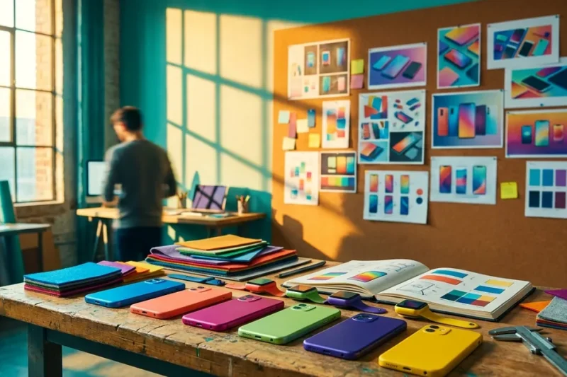 Colorful industrial design studio bench with phone and watch prototypes in blue, orange, magenta, green, violet and yellow