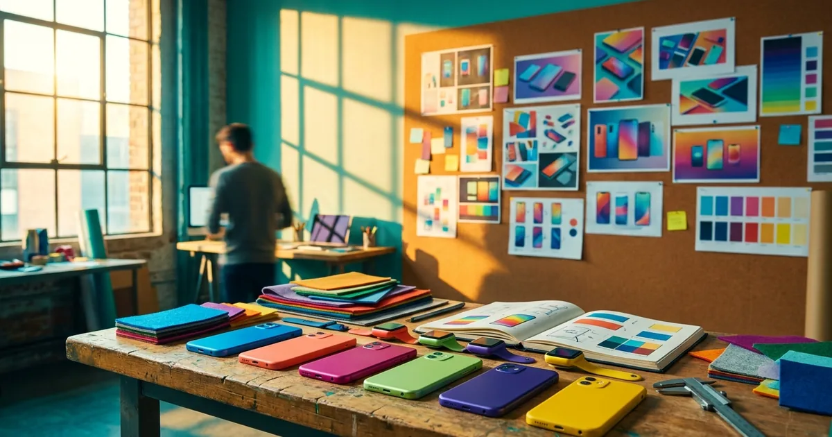 Colorful industrial design studio bench with phone and watch prototypes in blue, orange, magenta, green, violet and yellow