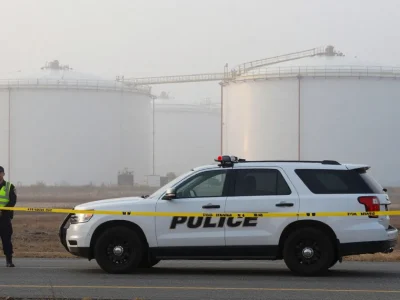 Two police officers in reflective vests stand behind caution tape beside a police SUV, with large white industrial storage tanks in heavy fog behind them