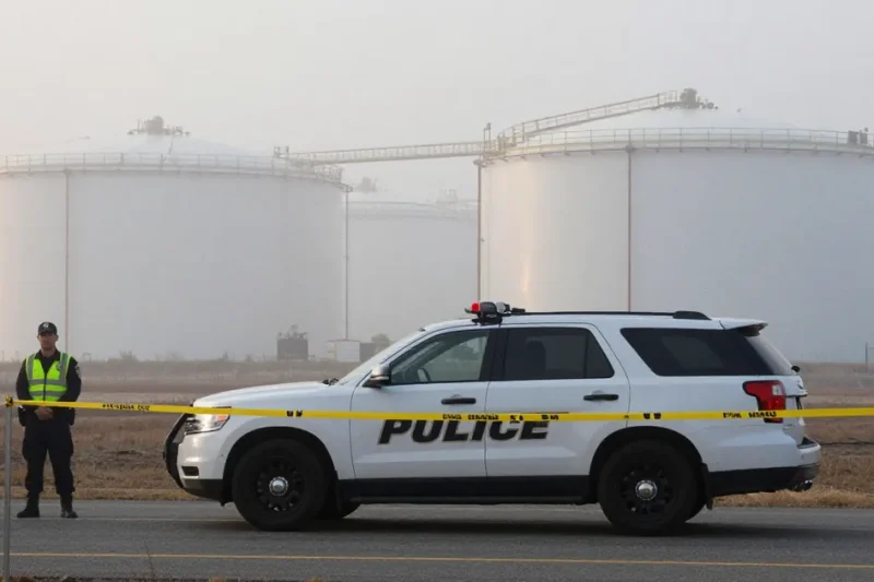 Two police officers in reflective vests stand behind caution tape beside a police SUV, with large white industrial storage tanks in heavy fog behind them