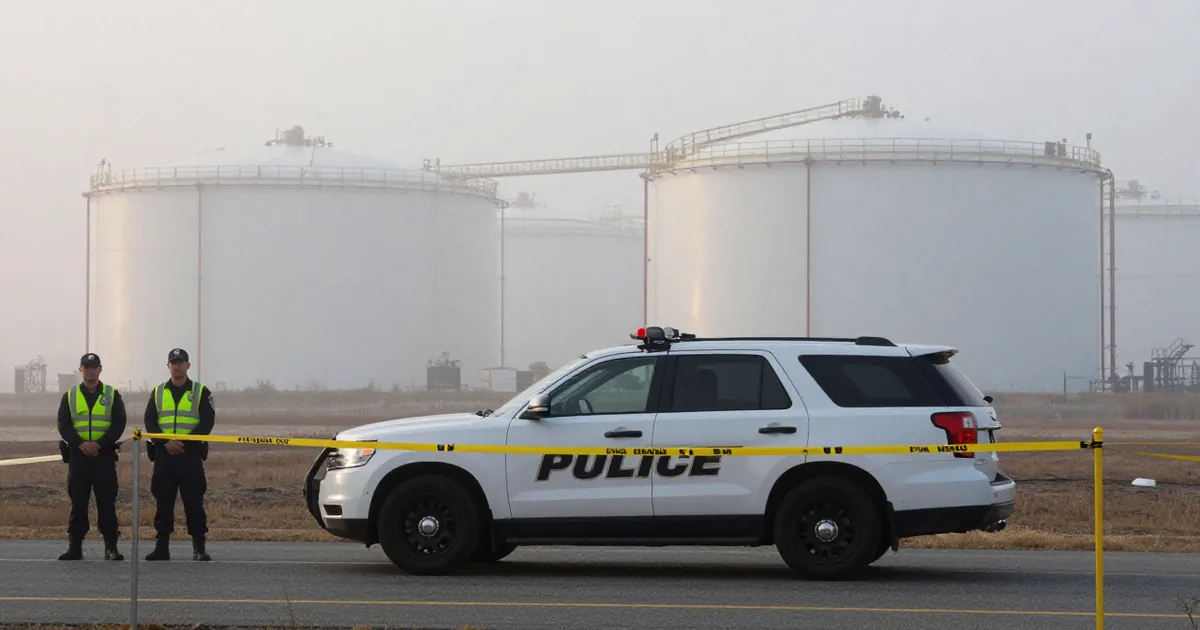 Two police officers in reflective vests stand behind caution tape beside a police SUV, with large white industrial storage tanks in heavy fog behind them