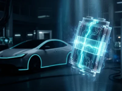 Glowing translucent solid-state battery cell with blue energy traces suspended in a dark lab, an electric car behind it