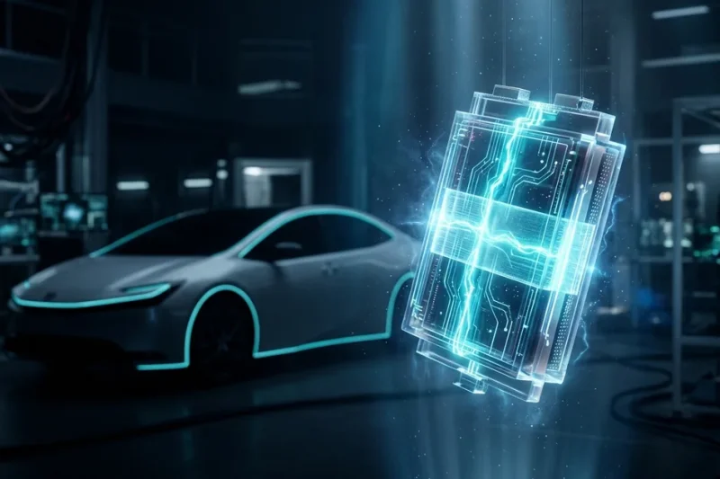 Glowing translucent solid-state battery cell with blue energy traces suspended in a dark lab, an electric car behind it