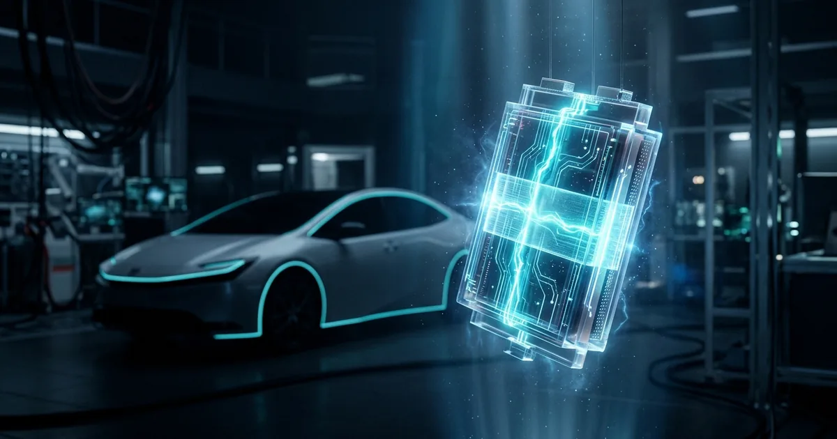 Glowing translucent solid-state battery cell with blue energy traces suspended in a dark lab, an electric car behind it