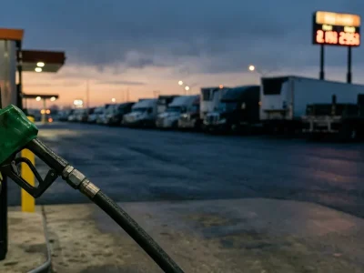 A diesel pump nozzle in the foreground and a row of parked semi-trucks at a truck stop under a dawn sky