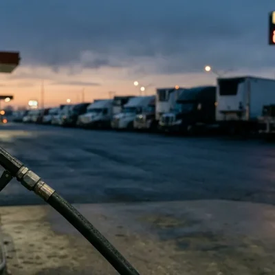 A diesel pump nozzle in the foreground and a row of parked semi-trucks at a truck stop under a dawn sky