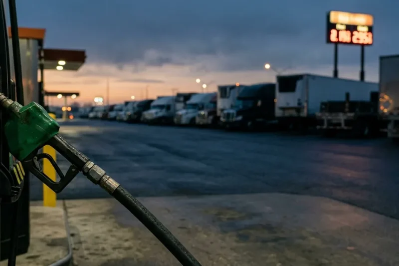 A diesel pump nozzle in the foreground and a row of parked semi-trucks at a truck stop under a dawn sky