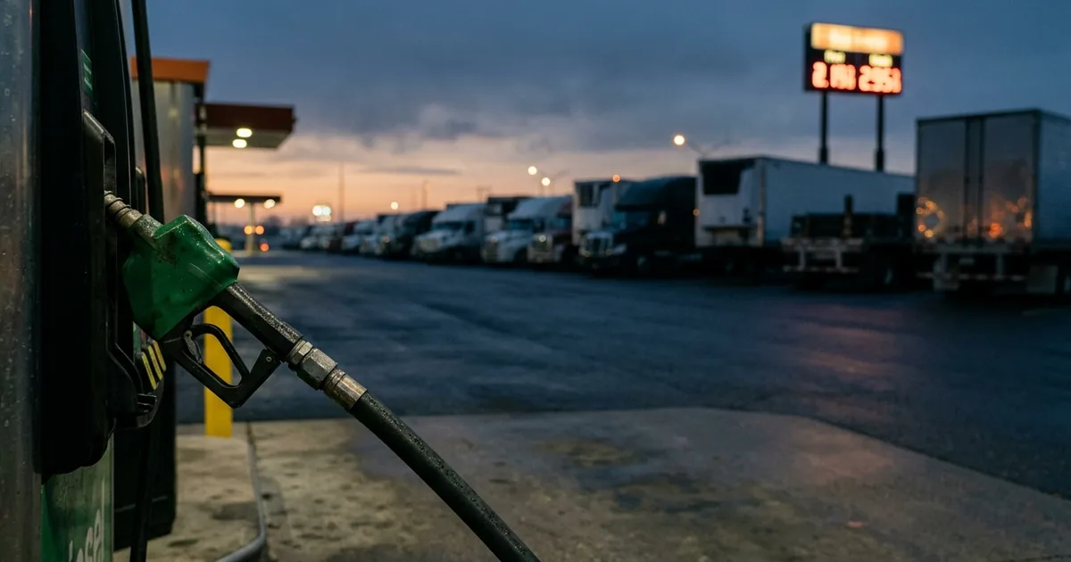 A diesel pump nozzle in the foreground and a row of parked semi-trucks at a truck stop under a dawn sky