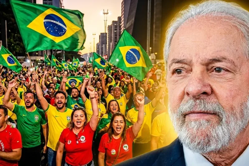 Brazilian President Luiz Inacio Lula da Silva in the foreground as a crowd of supporters in green, yellow and red wave Brazilian flags at a street rally.