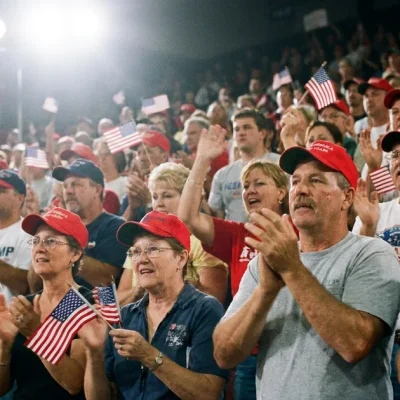 Supporters in red caps applaud and wave small American flags in an arena rally crowd under stage floodlights