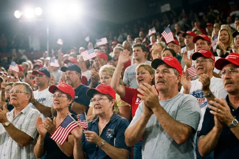 Supporters in red caps applaud and wave small American flags in an arena rally crowd under stage floodlights
