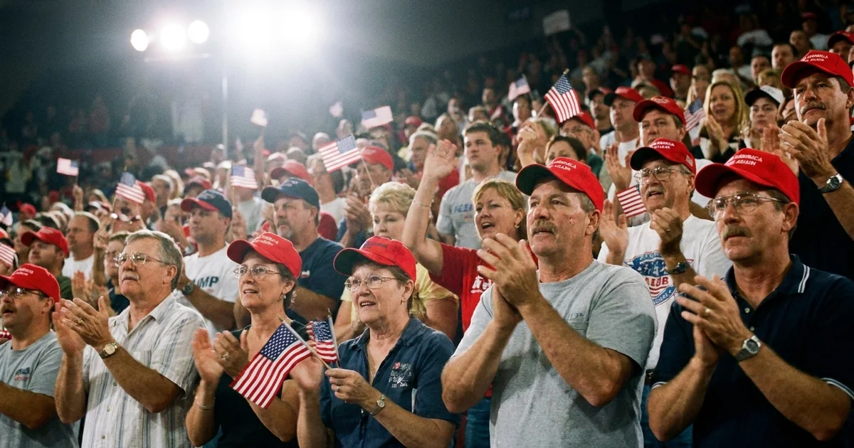 Supporters in red caps applaud and wave small American flags in an arena rally crowd under stage floodlights