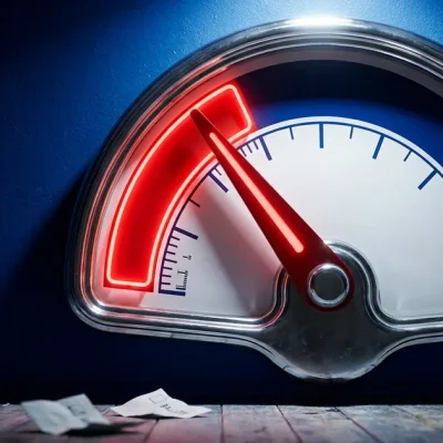 A chrome approval gauge on a blue wall with its needle pinned in the glowing red zone and paper ballots on the floor