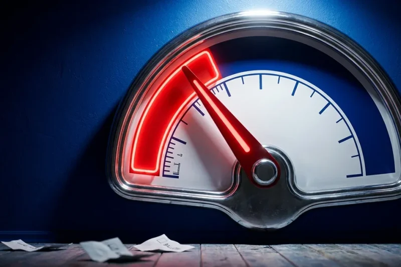 A chrome approval gauge on a blue wall with its needle pinned in the glowing red zone and paper ballots on the floor