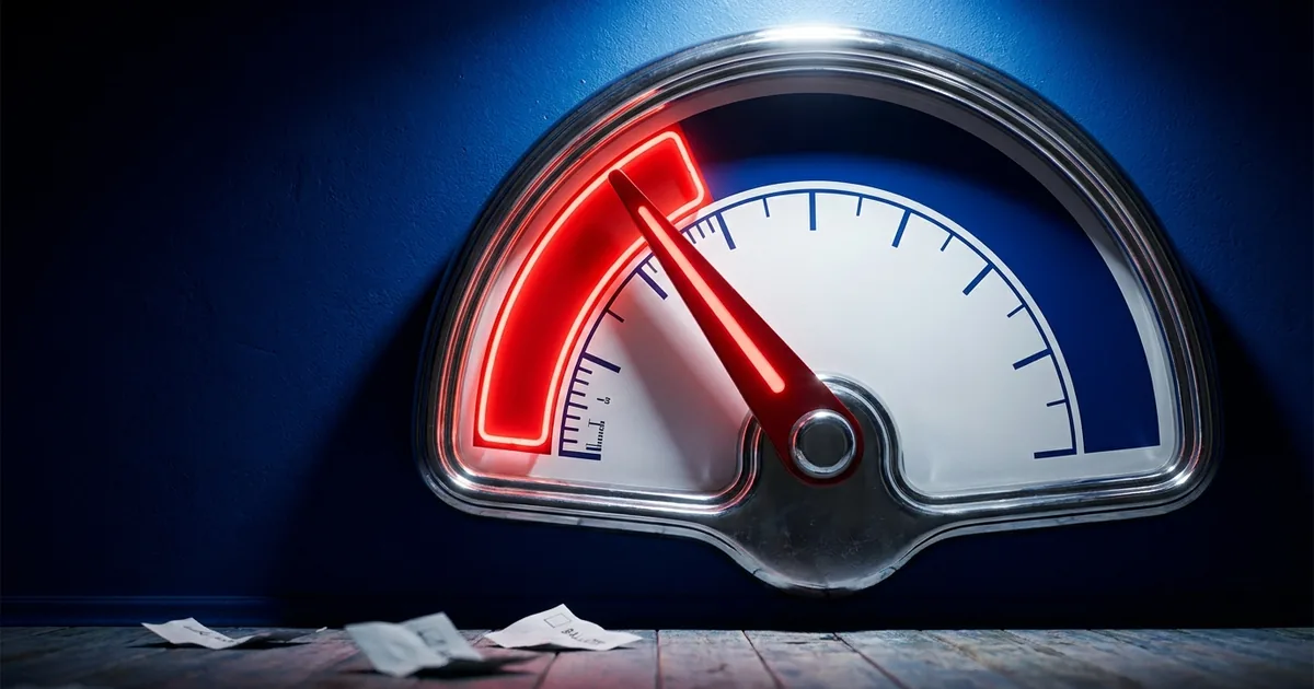 A chrome approval gauge on a blue wall with its needle pinned in the glowing red zone and paper ballots on the floor