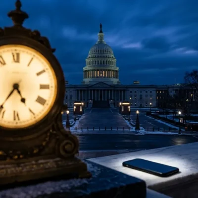 An antique clock and a smartphone on a marble ledge with the US Capitol dome in pre-dawn darkness