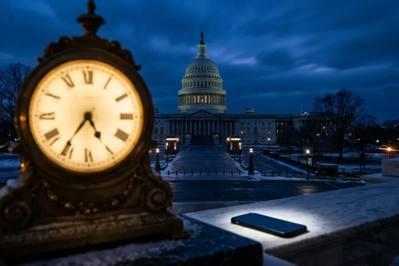 An antique clock and a smartphone on a marble ledge with the US Capitol dome in pre-dawn darkness
