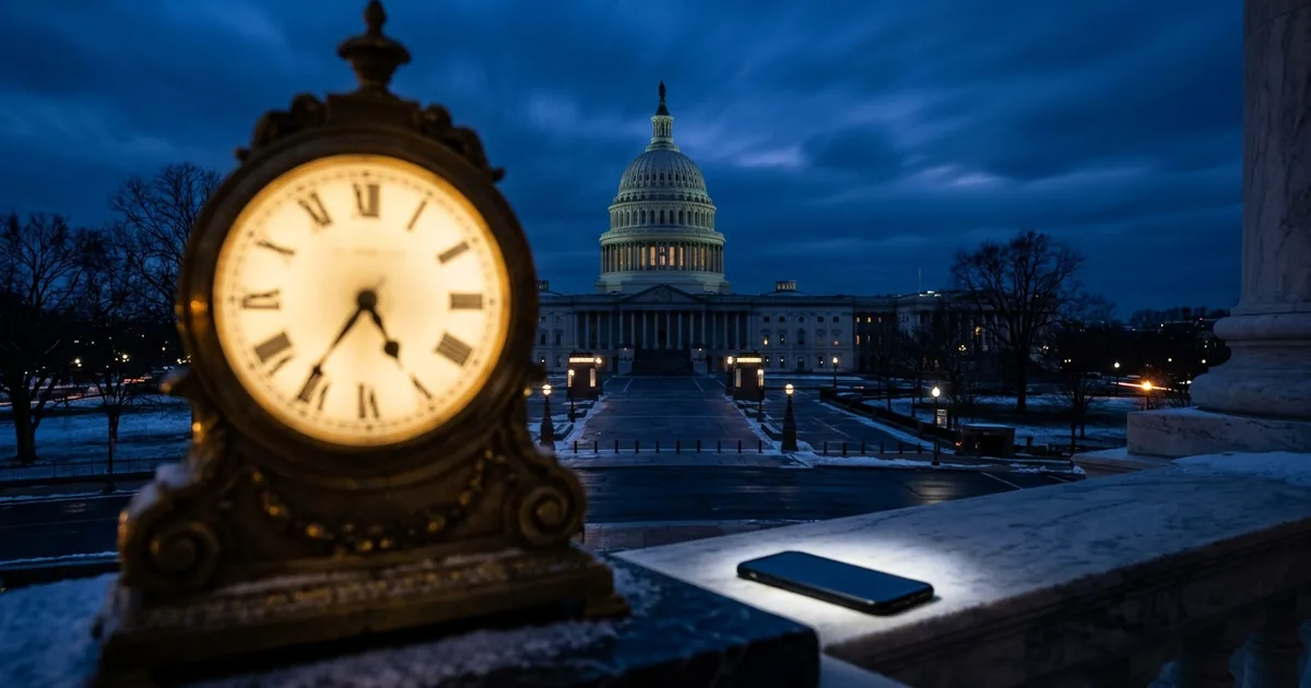 An antique clock and a smartphone on a marble ledge with the US Capitol dome in pre-dawn darkness