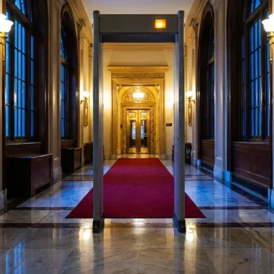 A walk-through metal detector standing alone on a red carpet in an ornate marble corridor, lit by deep blue evening windows and brass sconces.