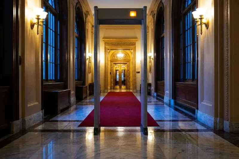 A walk-through metal detector standing alone on a red carpet in an ornate marble corridor, lit by deep blue evening windows and brass sconces.