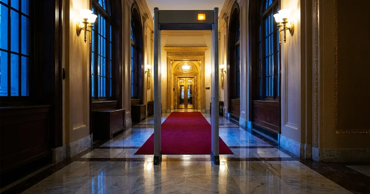 A walk-through metal detector standing alone on a red carpet in an ornate marble corridor, lit by deep blue evening windows and brass sconces.