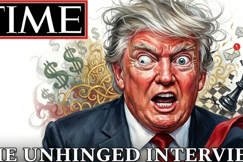 Satirical illustrated TIME magazine cover parody showing Donald Trump with a wild-eyed, unhinged expression, surrounded by dollar signs, gold flourishes and a shattered chess piece, headlined The Unhinged Interview