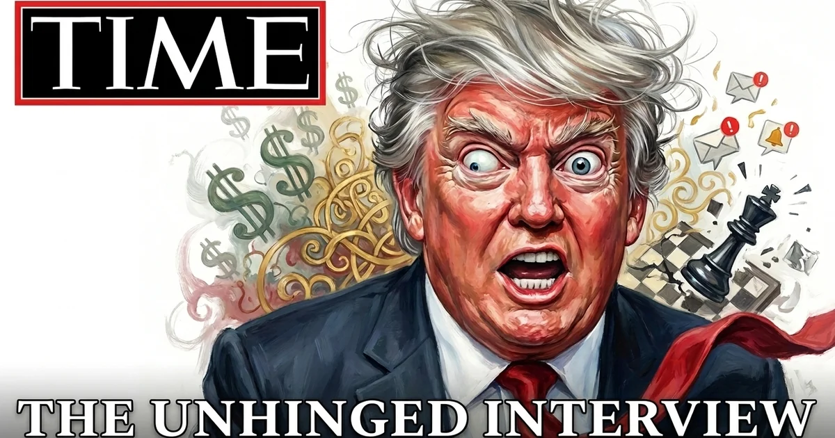 Satirical illustrated TIME magazine cover parody showing Donald Trump with a wild-eyed, unhinged expression, surrounded by dollar signs, gold flourishes and a shattered chess piece, headlined The Unhinged Interview