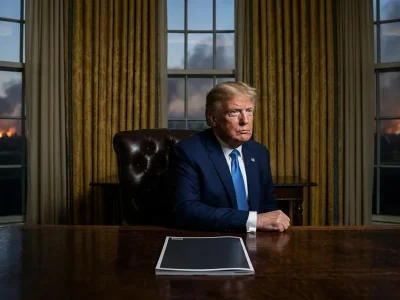 President Donald Trump seated grimly at the Resolute Desk in the Oval Office, with smoke and fires on the horizon outside the windows