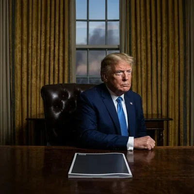 President Donald Trump seated grimly at the Resolute Desk in the Oval Office, with smoke and fires on the horizon outside the windows