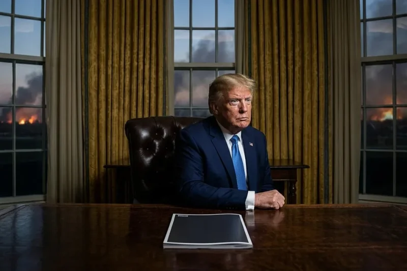 President Donald Trump seated grimly at the Resolute Desk in the Oval Office, with smoke and fires on the horizon outside the windows