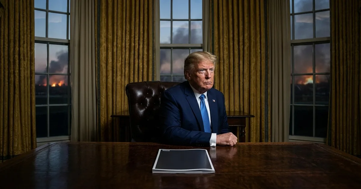 President Donald Trump seated grimly at the Resolute Desk in the Oval Office, with smoke and fires on the horizon outside the windows