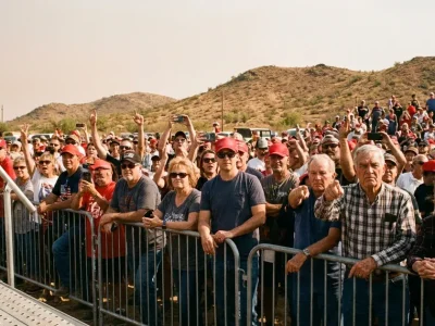 Rally attendees in red caps press against a metal barricade under hazy desert hills, some cheering with phones raised, an older man pointing toward the camera