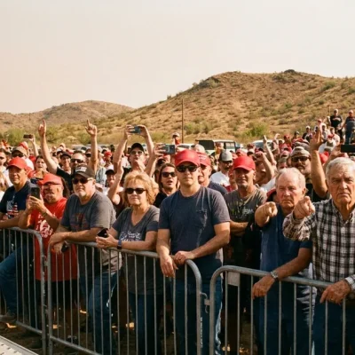 Rally attendees in red caps press against a metal barricade under hazy desert hills, some cheering with phones raised, an older man pointing toward the camera